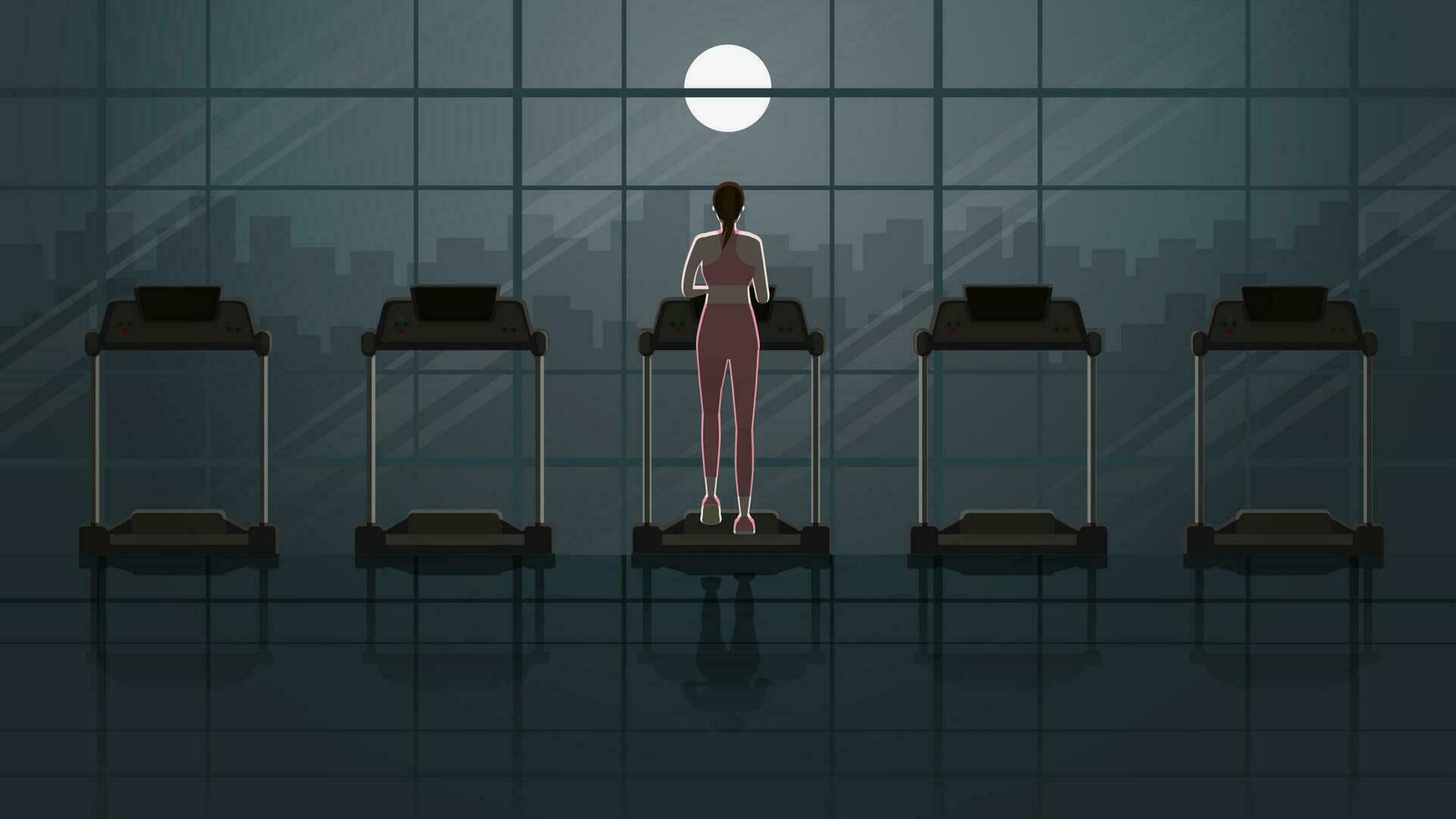 Back view of woman running on treadmill in empty fitness center at night vector