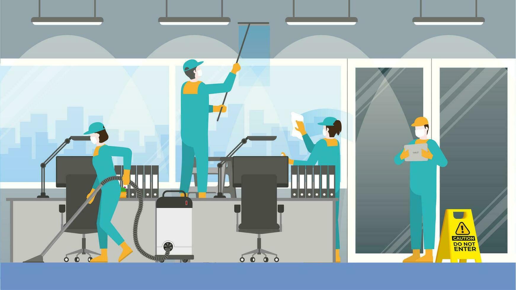 Cleaning team in office workplace room. Clean and check inspect vector