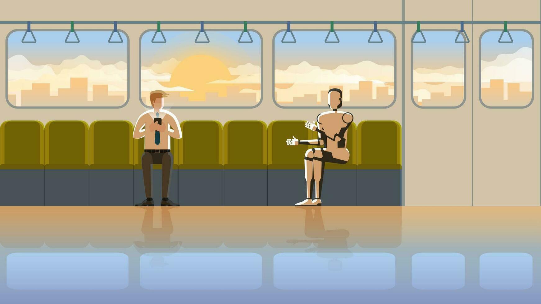 un hombre se sienta y escucha a el robot hablar en un tren público transporte vector
