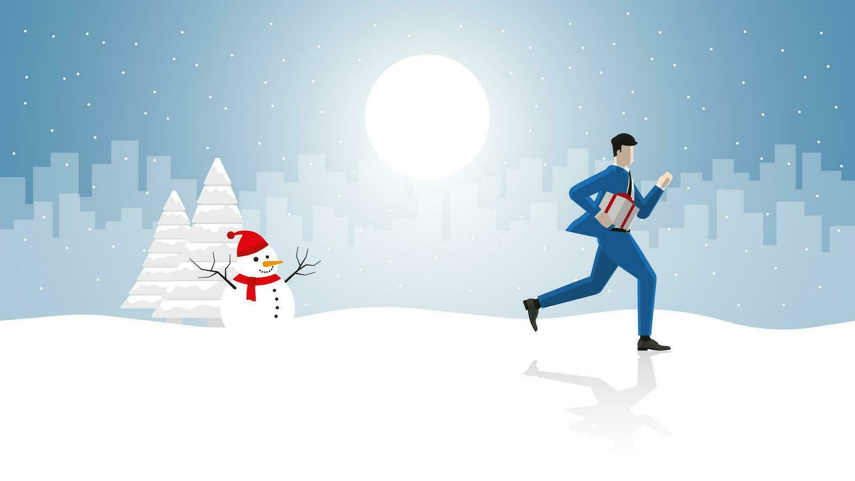 Festival celebration. Christmas and New year in winter December. Businessman running with gift box vector