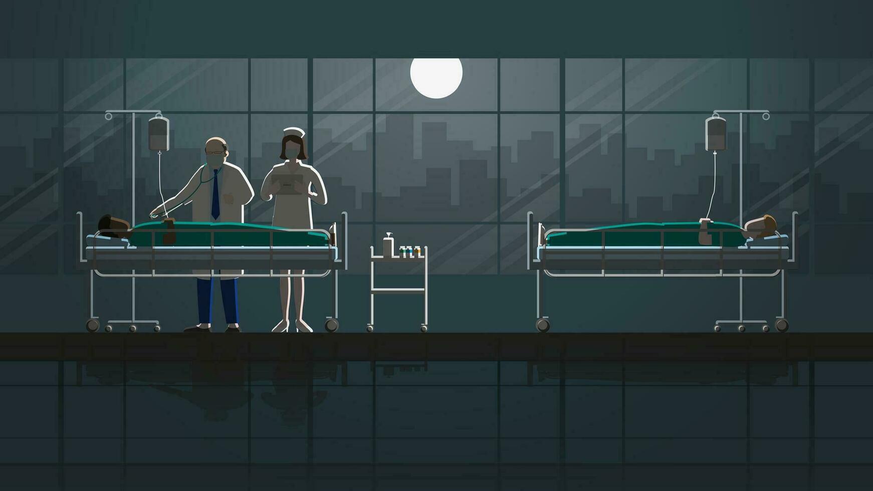 Senior doctor and nurse intend working check up sick patient sleep on bed in hospital. vector