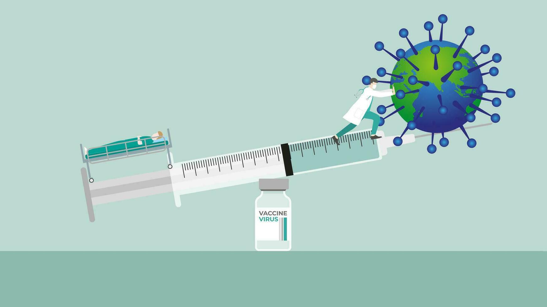 médico acuerdo equilibrar de jeringuilla en vacuna botella para virus y infectado paciente debajo investigación vector