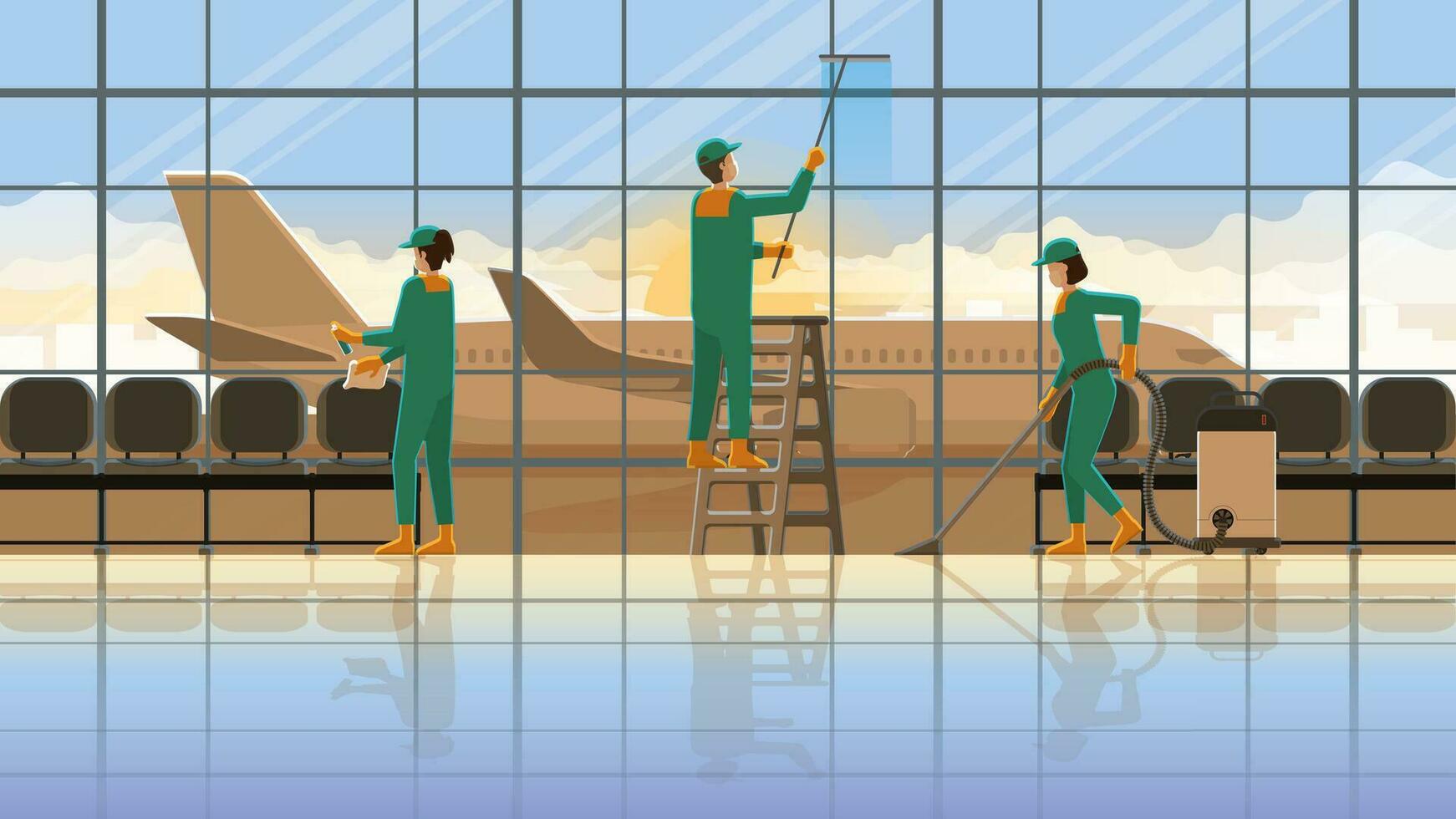 Cleaning service team maid working at the terminal international airport vector