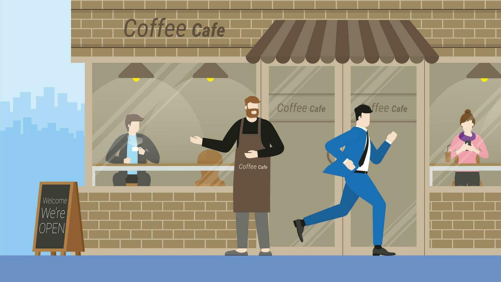 Business man run through coffee cafe without interested. Hurry up vector