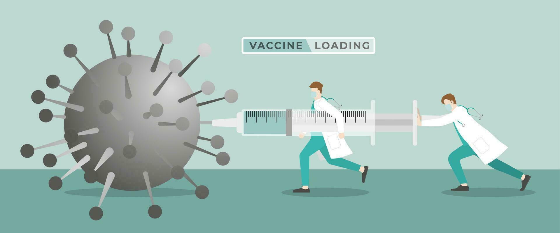 Two doctor inject vaccine to the virus by the big syringe vector