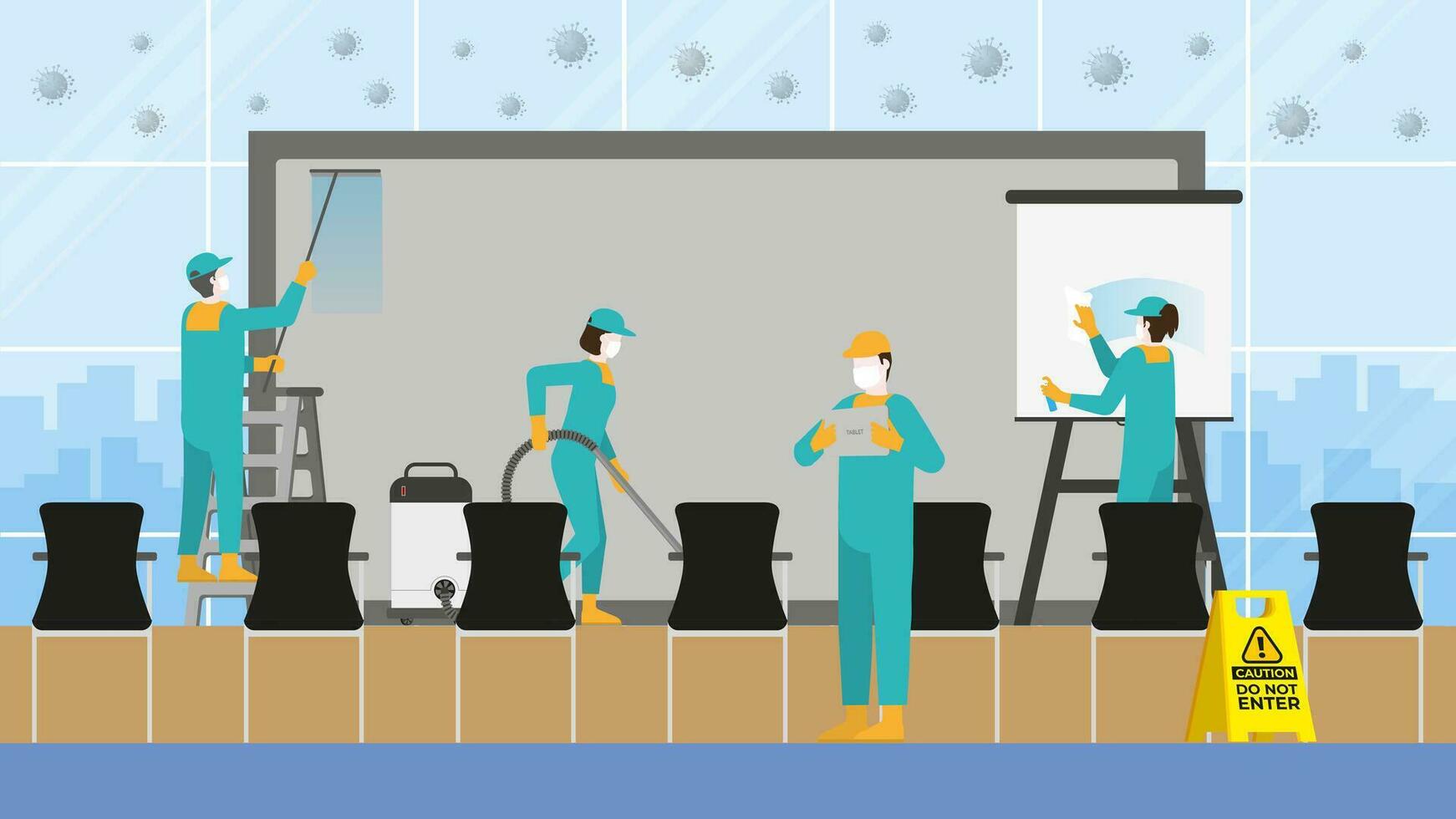 Cleaning crew team in conference hall. Clean and check inspector vector