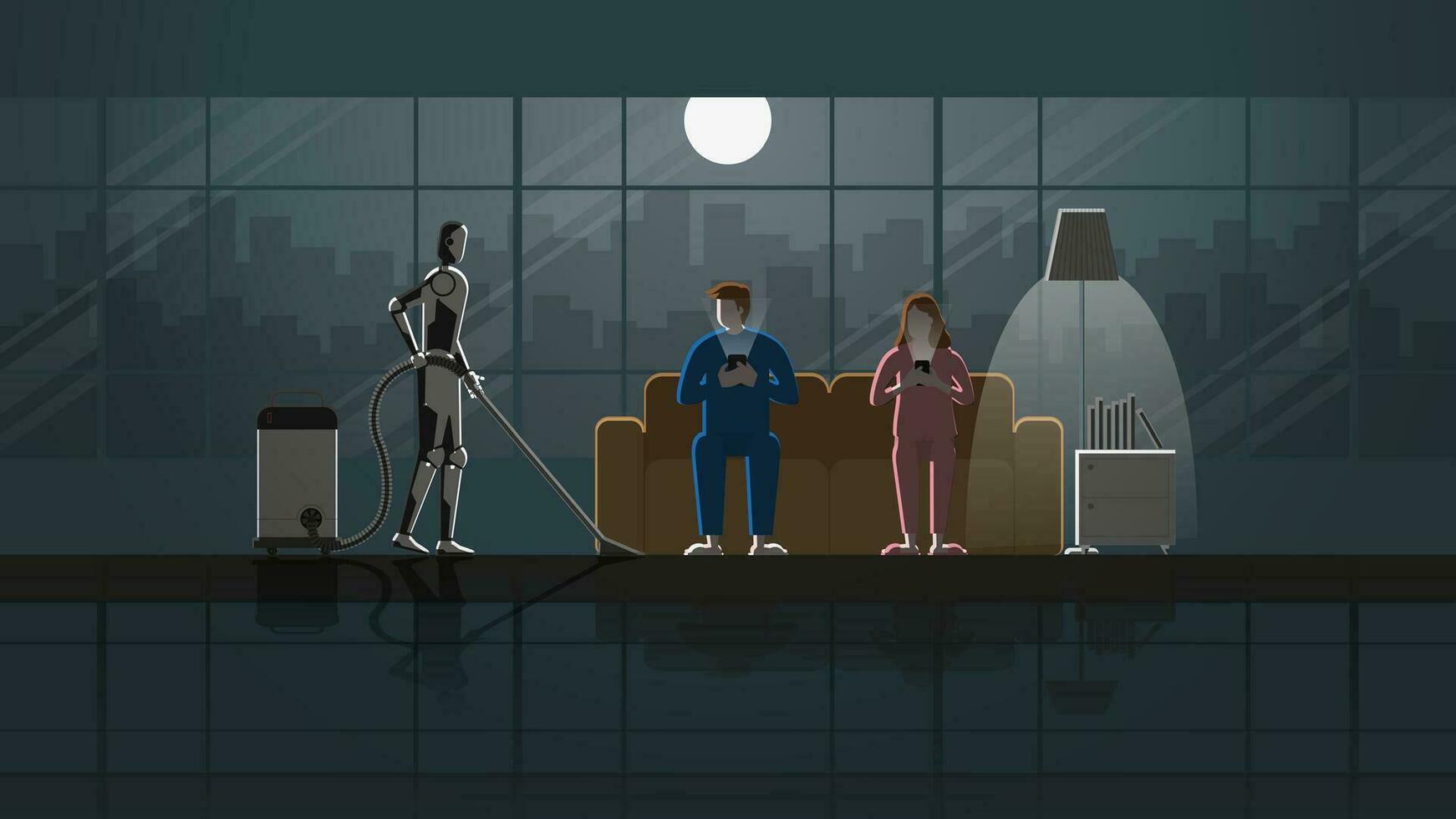 Robot, Man, and woman couple sit on sofa and use smartphone in living room. vector