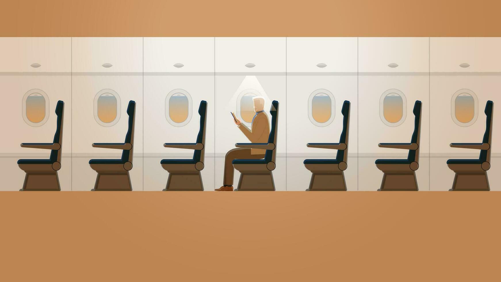 A senior white hair man is reading a book in a plane cabin alone in an orange morning sunrise. vector