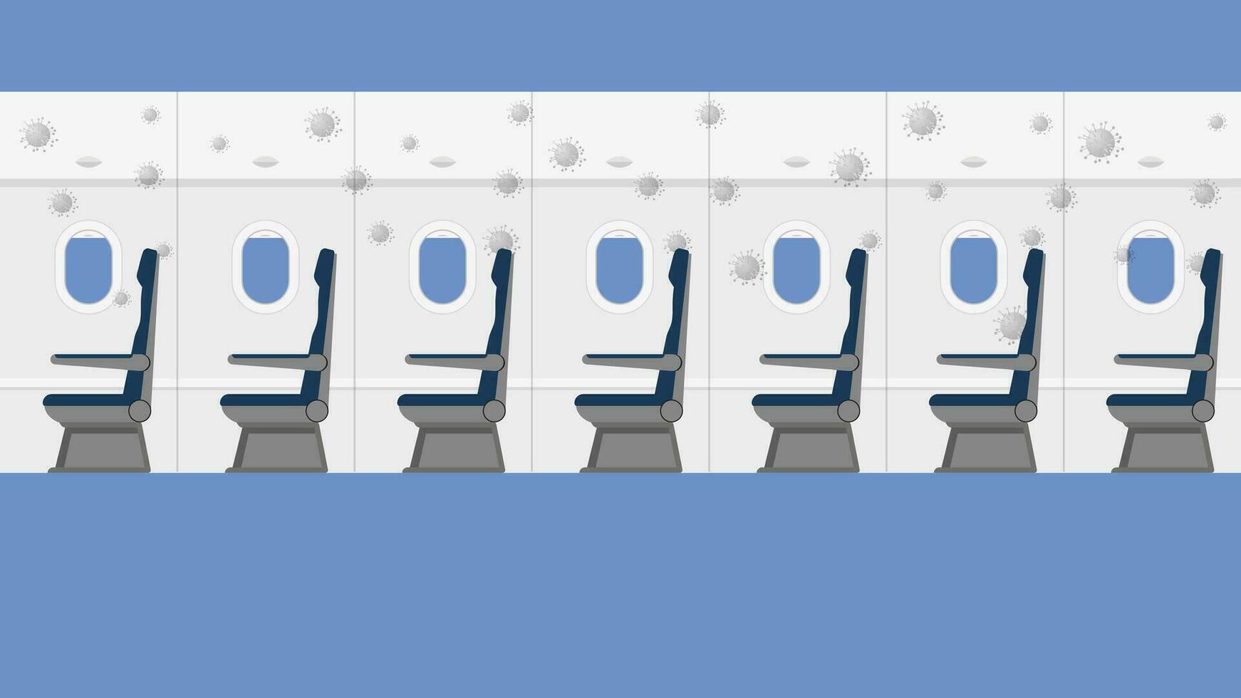 Vector illustration of virus in empty aircraft interior with seven windows and passenger seats.