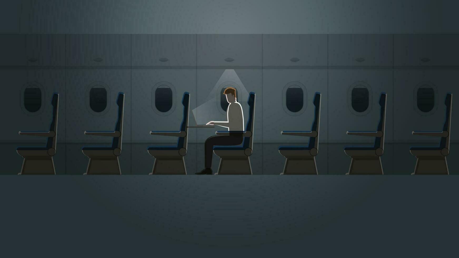 Employee salaryman working with laptop notebook in a plane cabin alone in the dark vector