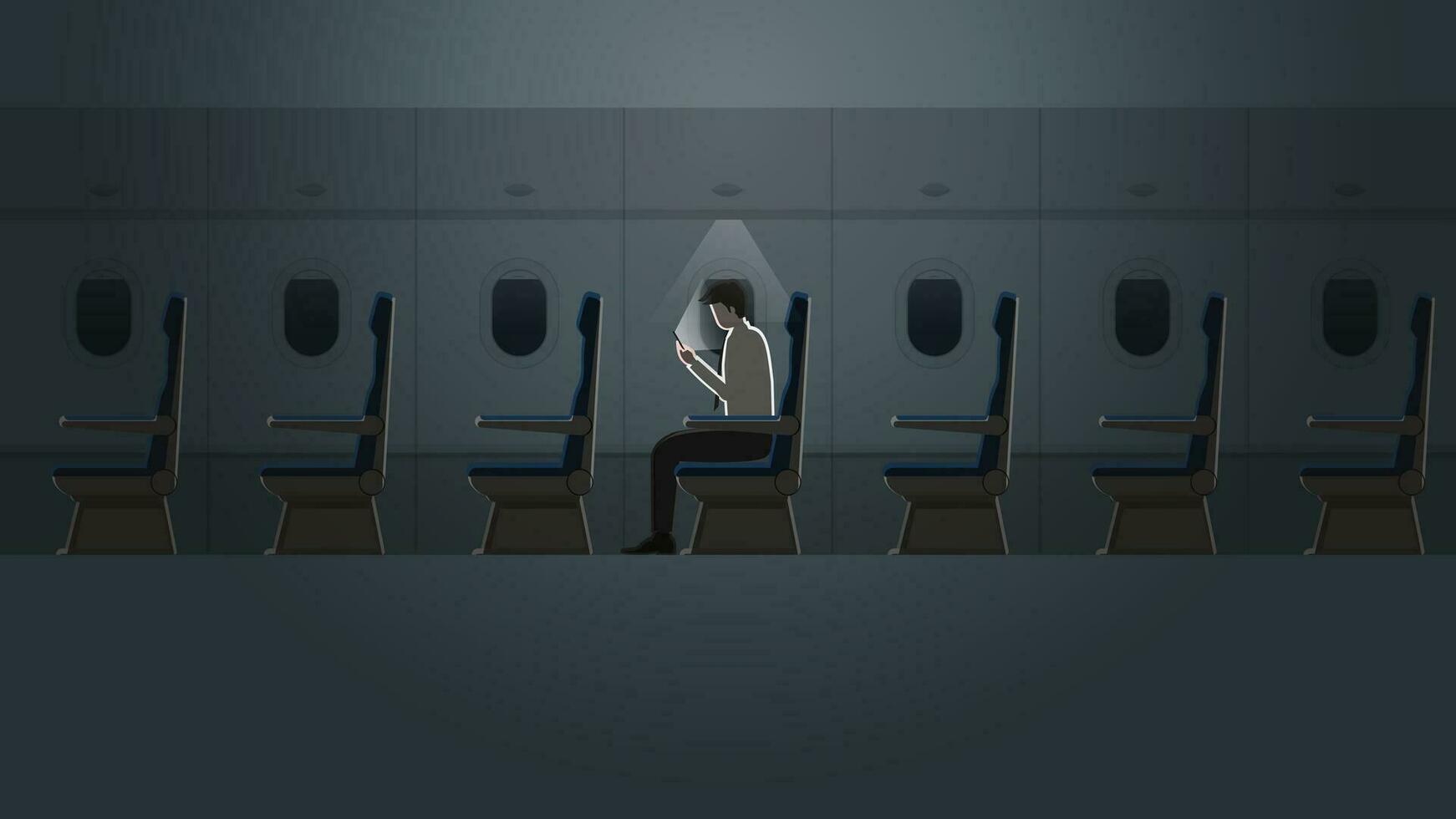 Employee salaryman working with a smartphone in a plane vector