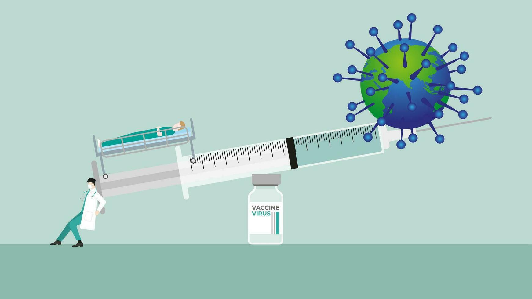 Doctor keeping balance of syringe on vaccine bottle for virus and infected patient vector