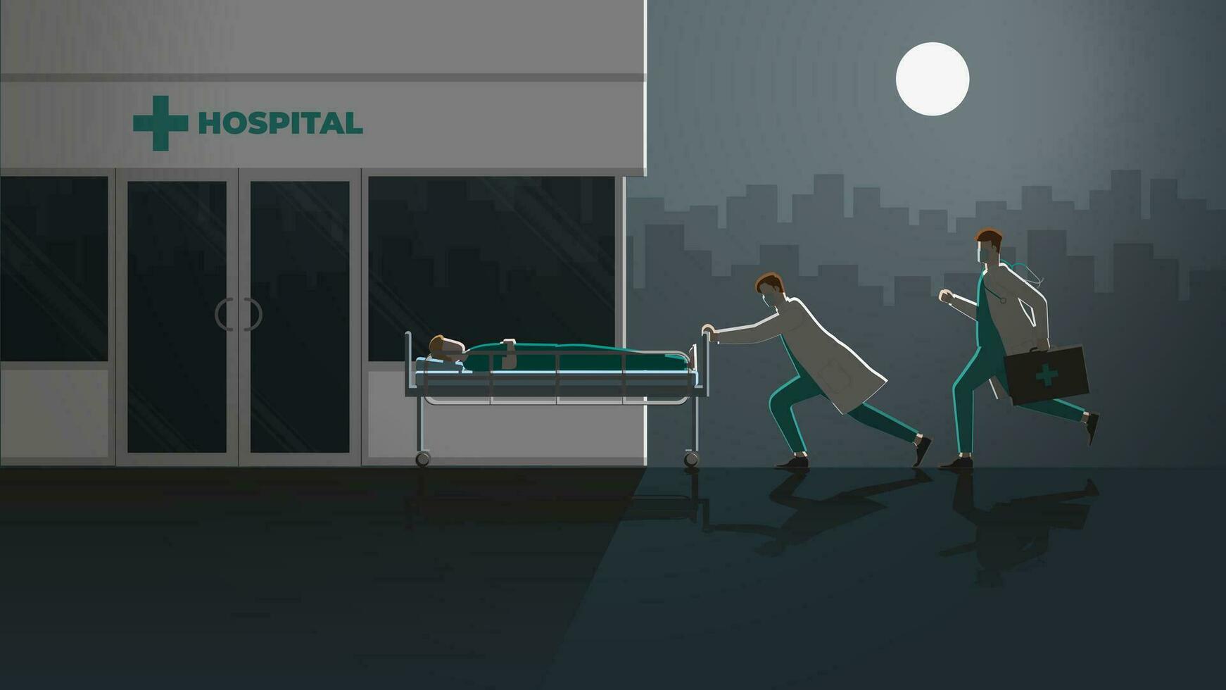 dos doctores correr y empujar enfermo paciente dormir en cama a hospital a noche. vector