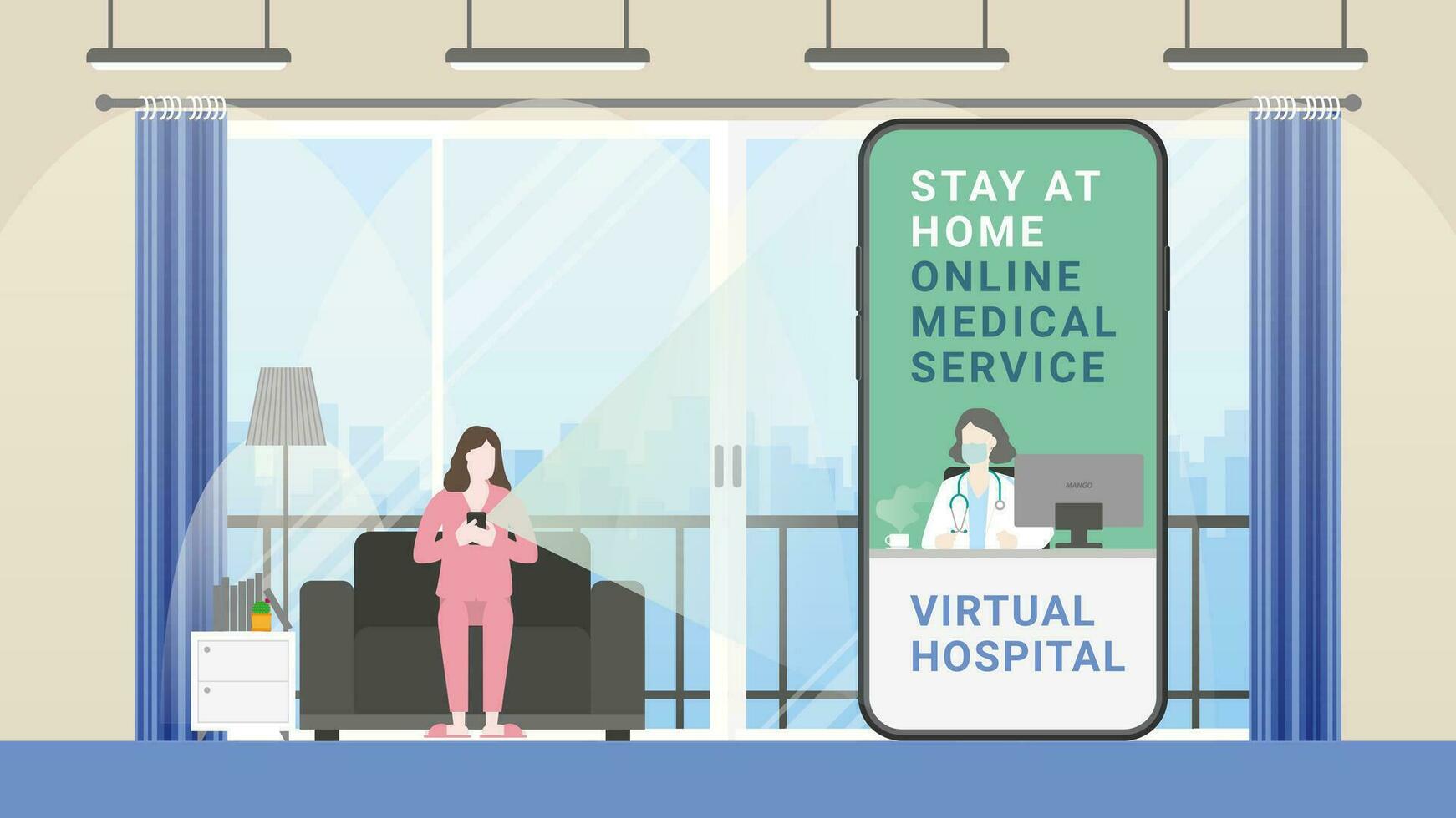 virtual hospital concepto. en línea médico servicio. médico en móvil teléfono pantalla vector