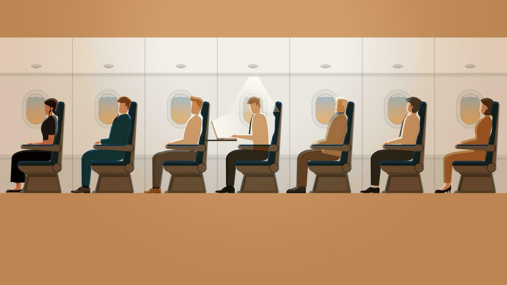 empleado asalariado trabajando solo con ordenador portátil cuaderno mientras el otro pasajeros son dormido vector