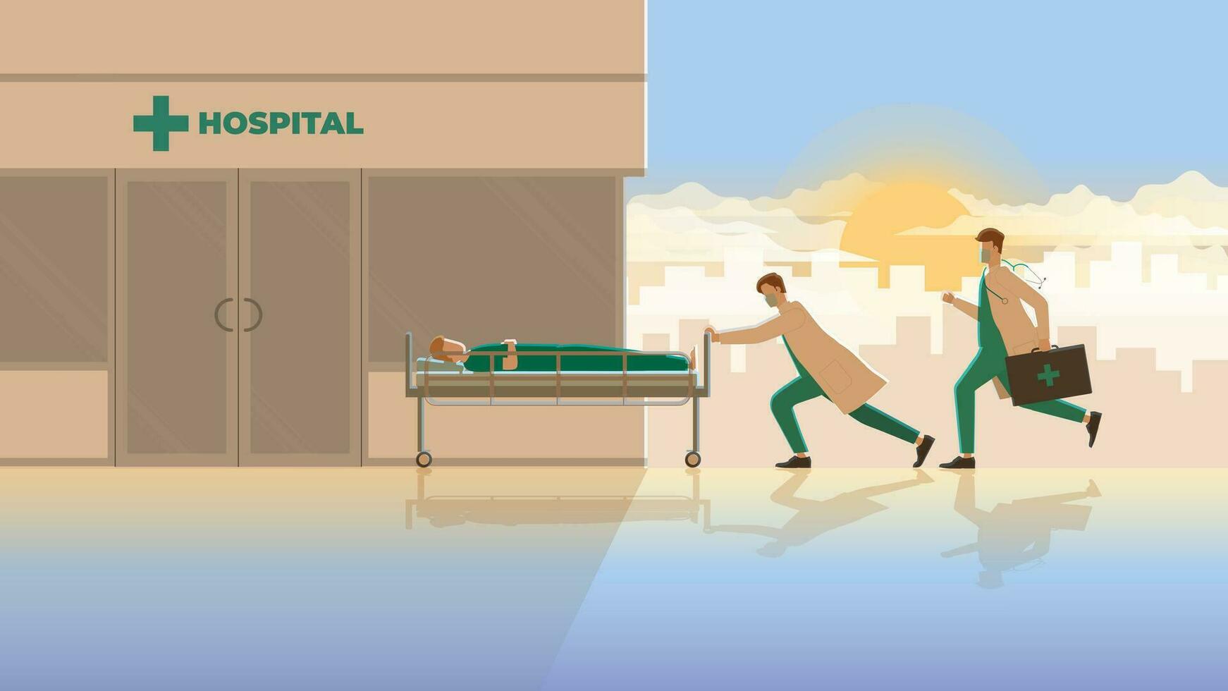 medical emergency case. Two doctors run and push sick patient sleep on bed to hospital building vector