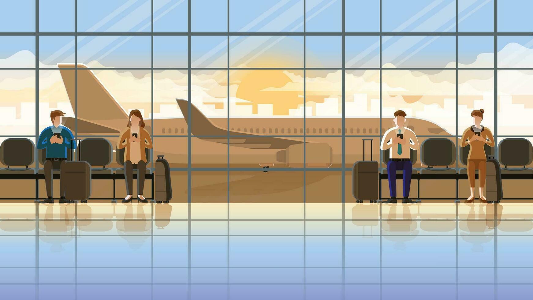 Group of people using smartphones sitting and waiting for the plane flight business trip vector