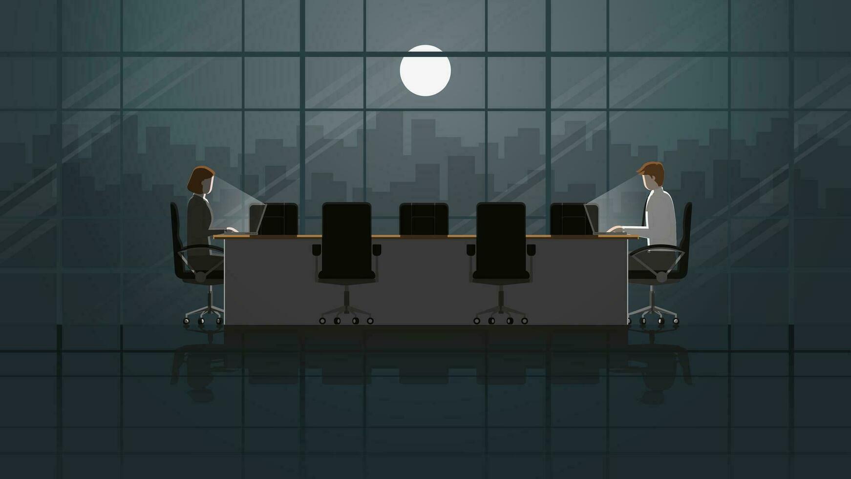 Employees man and woman working on laptop in office meeting window room vector