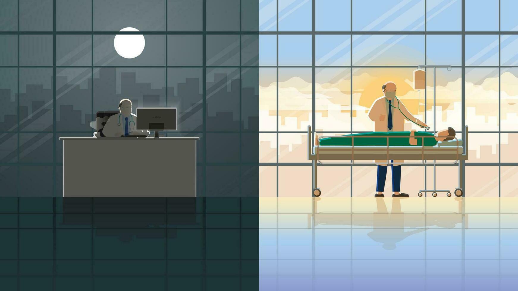 A career lifestyle of work hard overtime and overwork in a hospital. vector