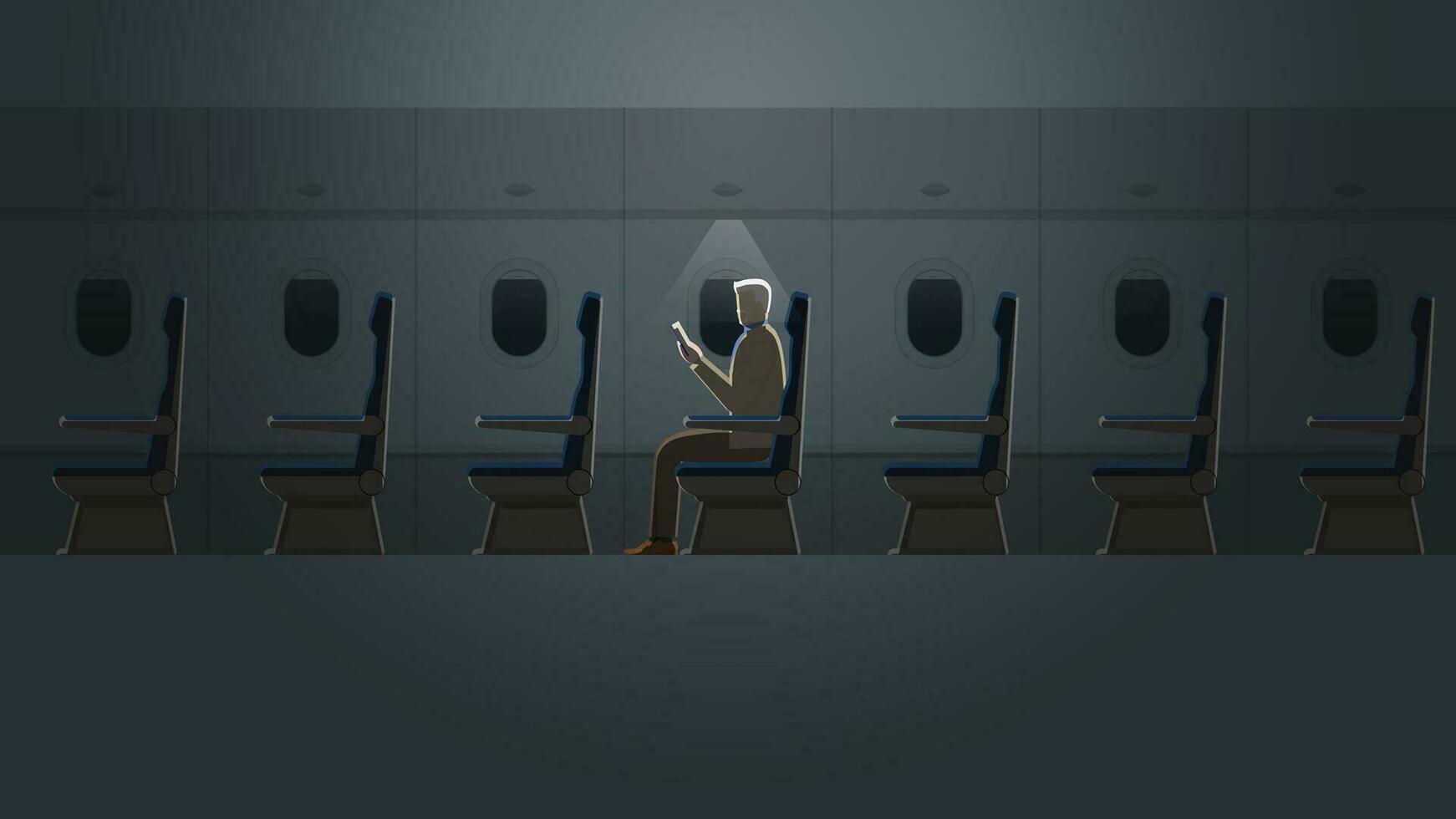 A senior white hair man is reading a book in a plane cabin alone in the dark vector