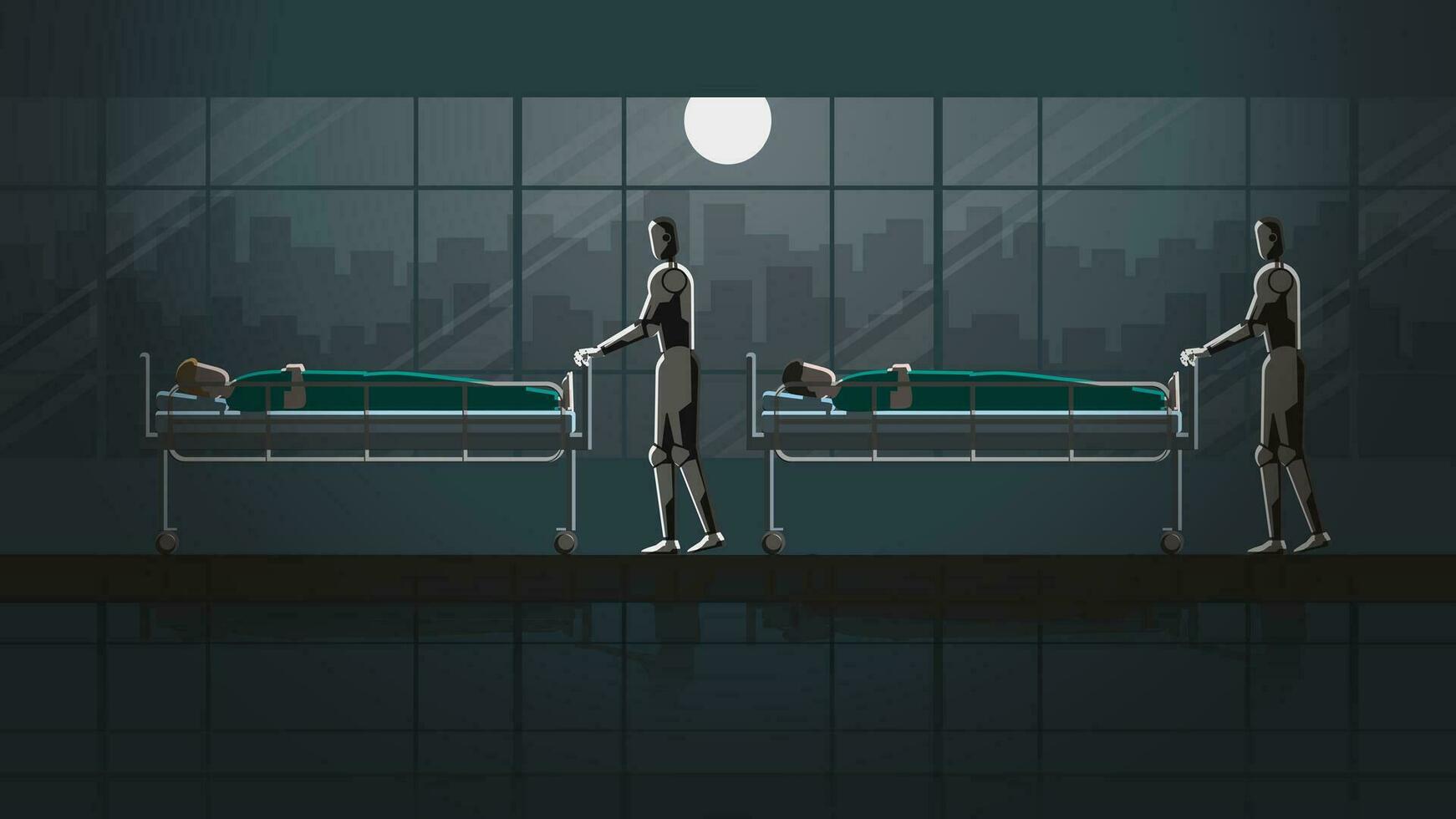 Medical robots transport and convey beds of sick patients in a hospital at the night vector