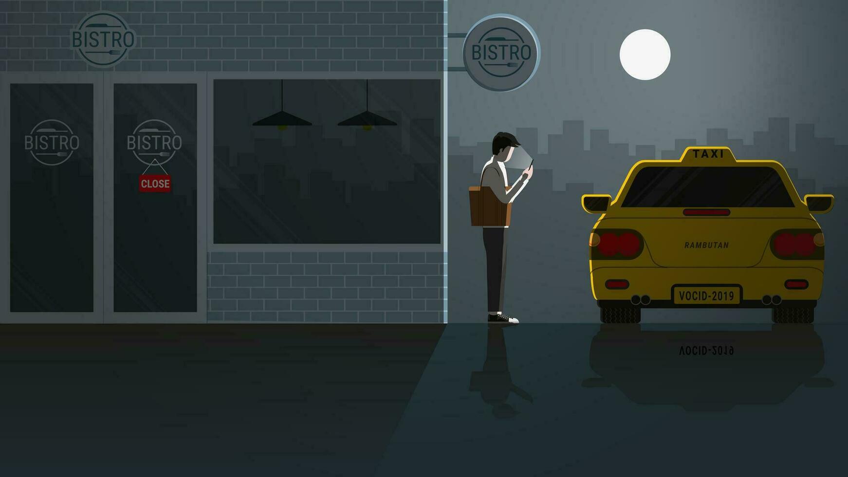 Lonely Asian office man use smart phone waiting for taxi public transportation vector