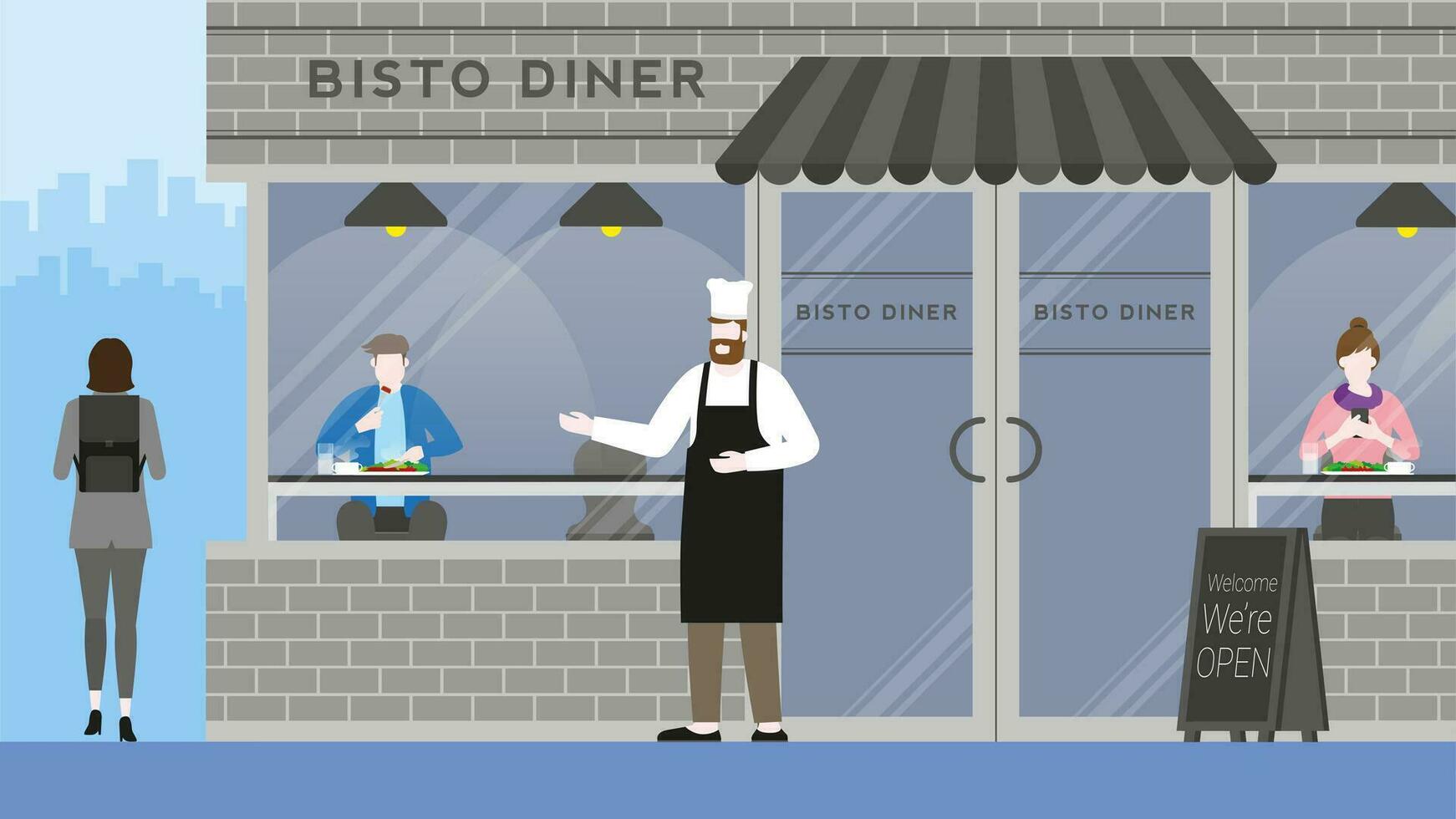 mall business owner. Beard man wearing apron standing in front of shop vector
