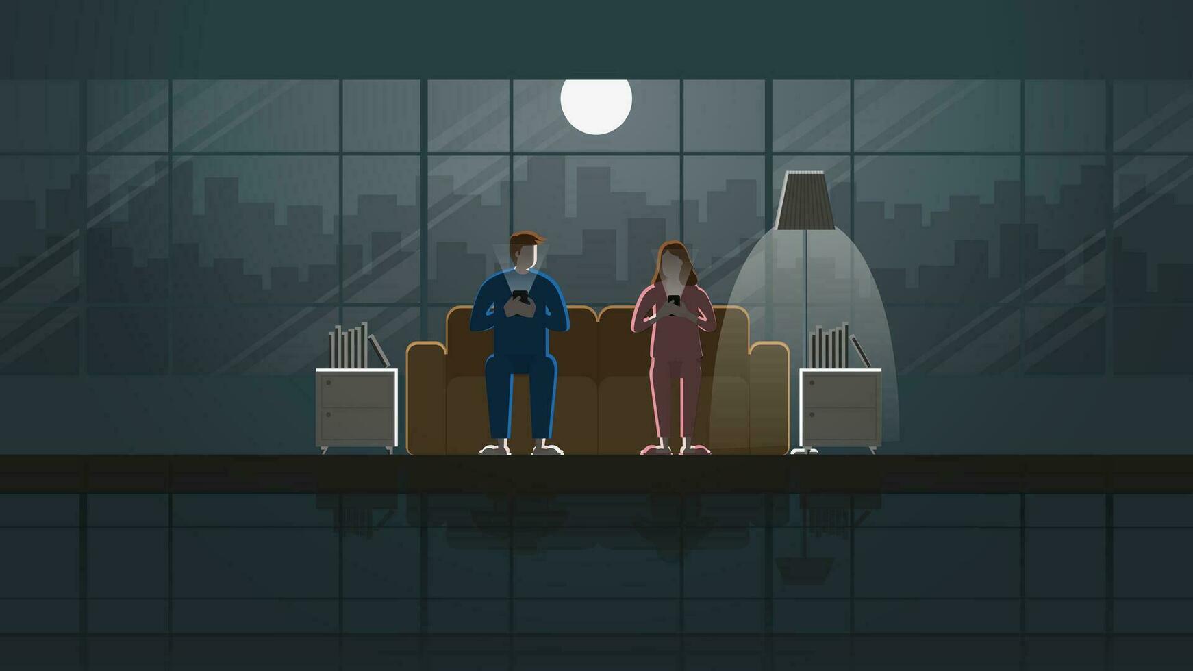 Man and woman couple sit on sofa and use smart phone vector
