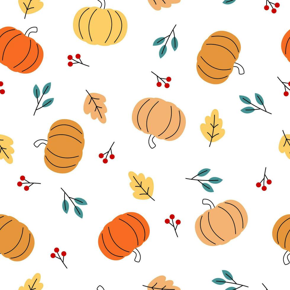 Seamless pumpkins with fall leaves and red berry vector