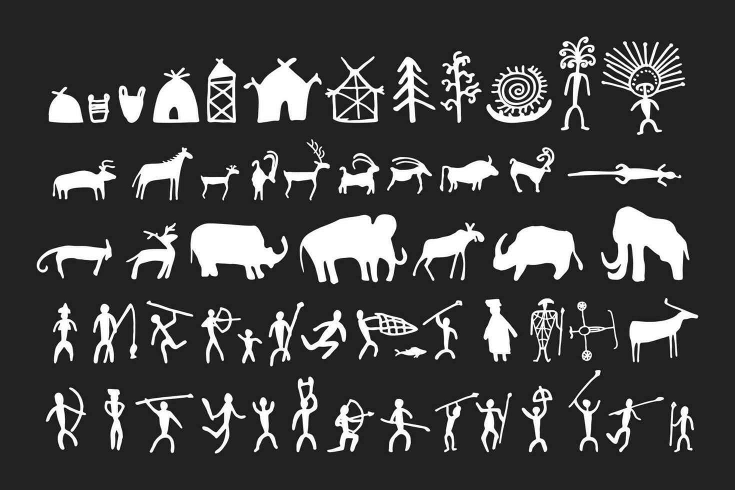 Cave painting prehistoric rock art hand drawn sketch style vector illustration set.