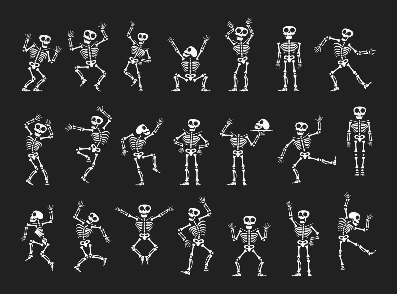 Skeletons dancing with different positions flat style design vector illustration set.