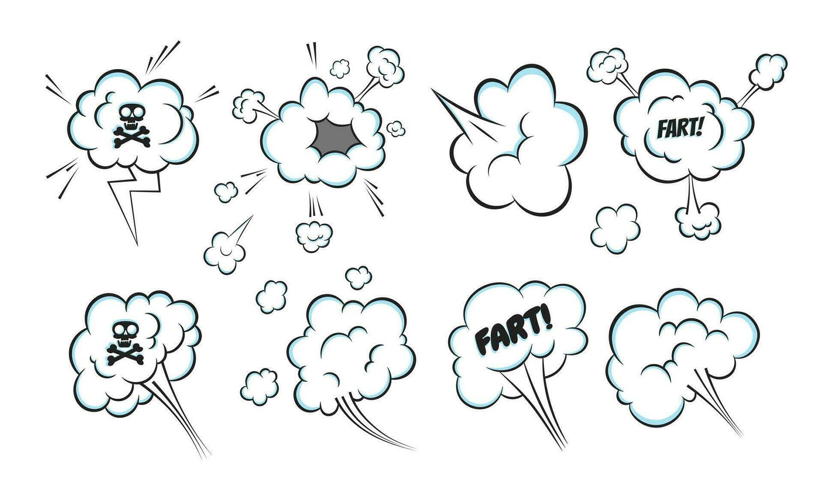 Smelling pop art comic book cartoon fart cloud flat style design vector illustration set.