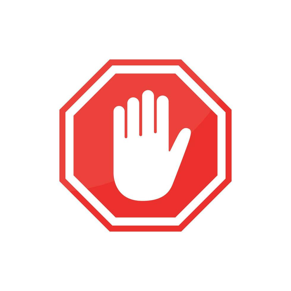 Stop sign with hand icon in flat style. Traffic control vector illustration on isolated background. Attention sign business concept.