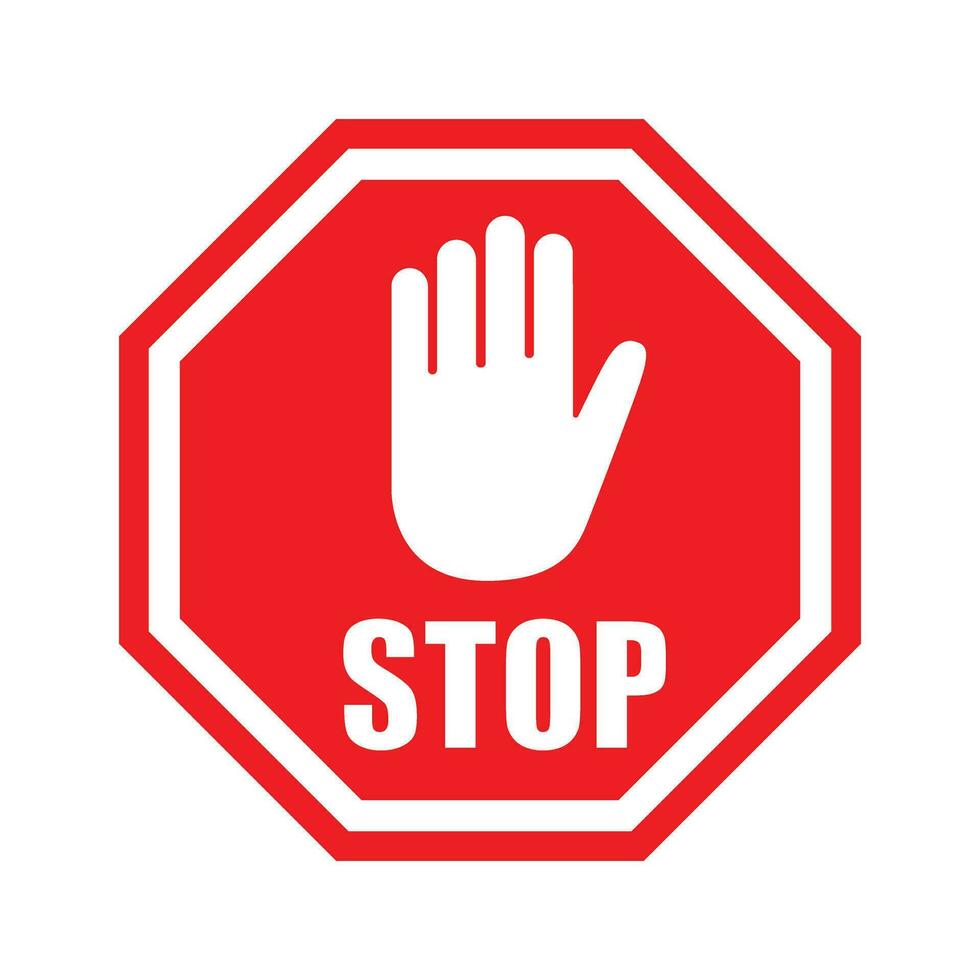 Stop sign with hand icon in flat style. Traffic control vector illustration on isolated background. Attention sign business concept.