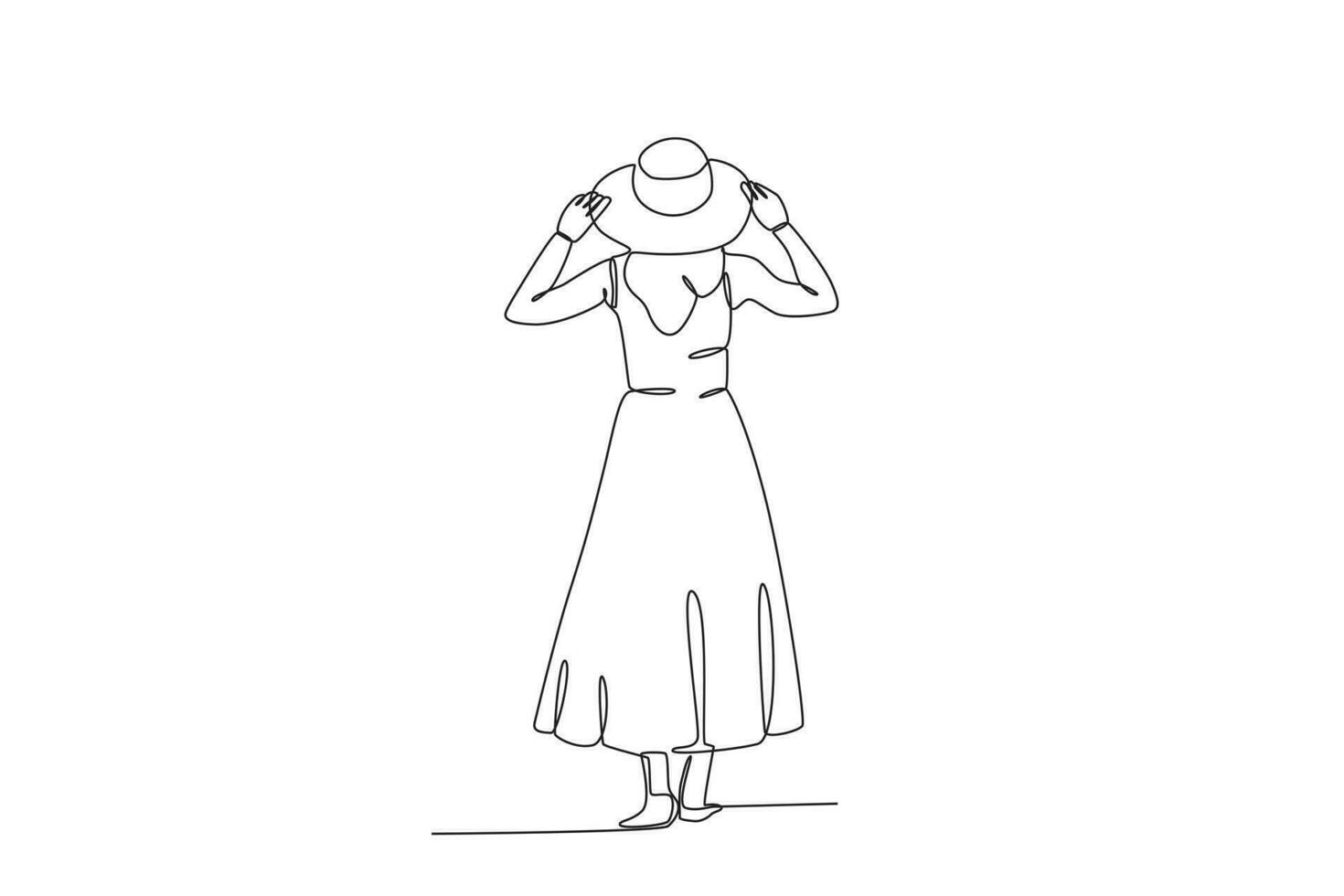 Back view of a woman wearing a dress and a hat vector