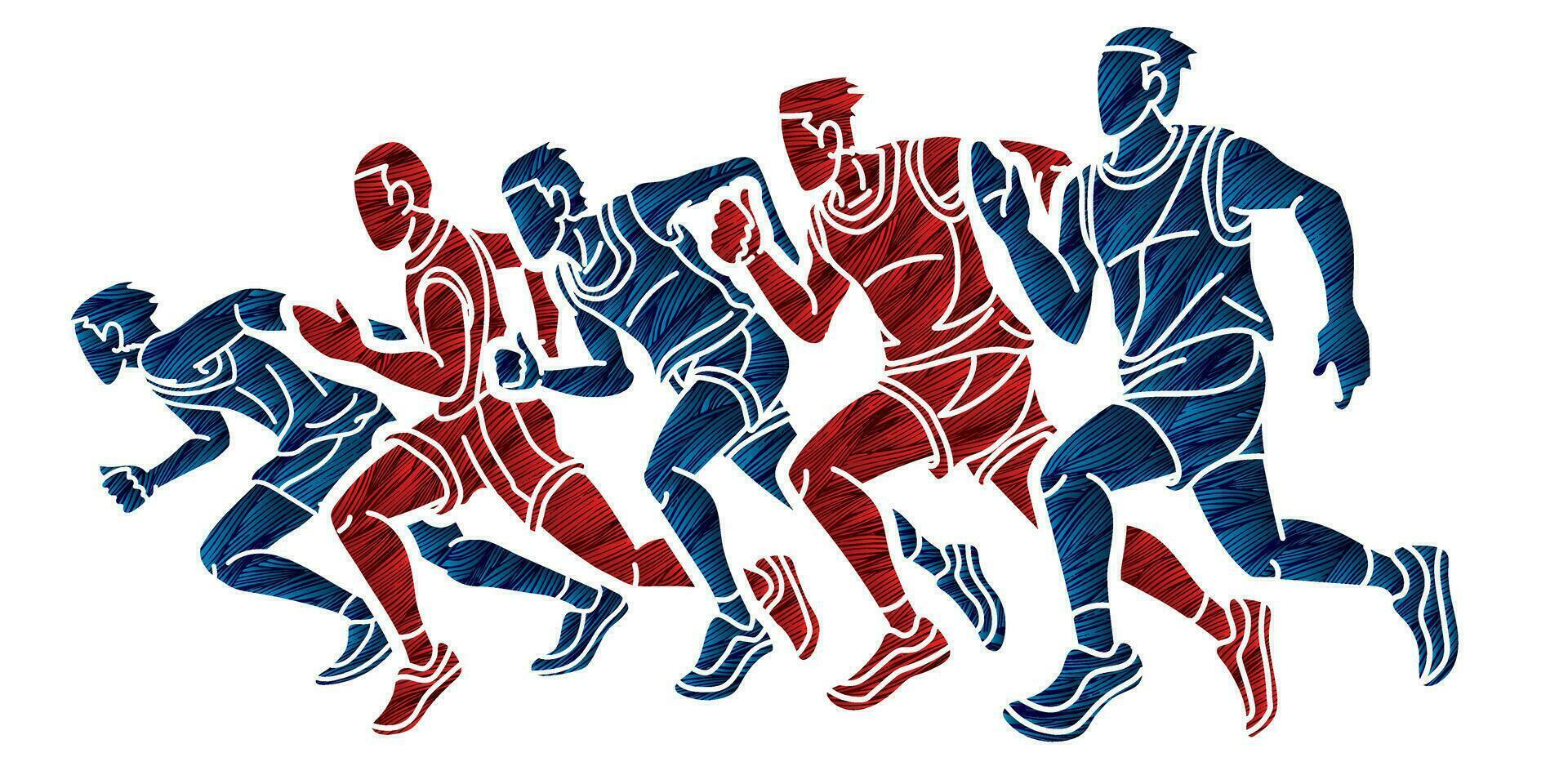 grupo de hombres corredor mezcla acción maratón corriendo deporte dibujos animados gráfico vector