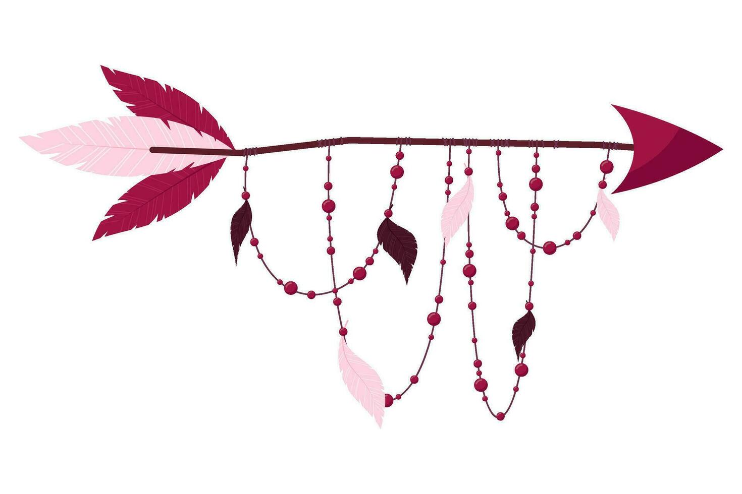 Arrow decorated with feathers and beads in boho style on a white background. vector