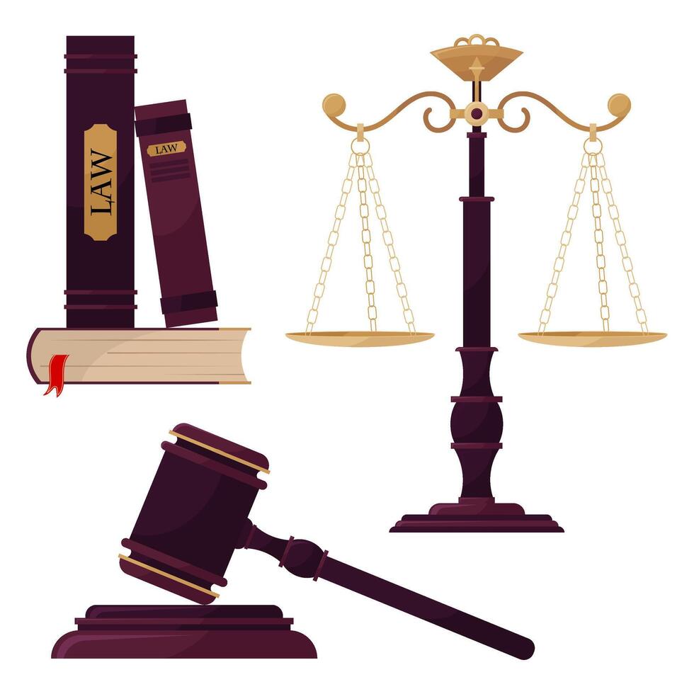 Set of illustrations of a court case. Court. Symbols of justice. Books about law, judicial gavel, weights of justice. vector