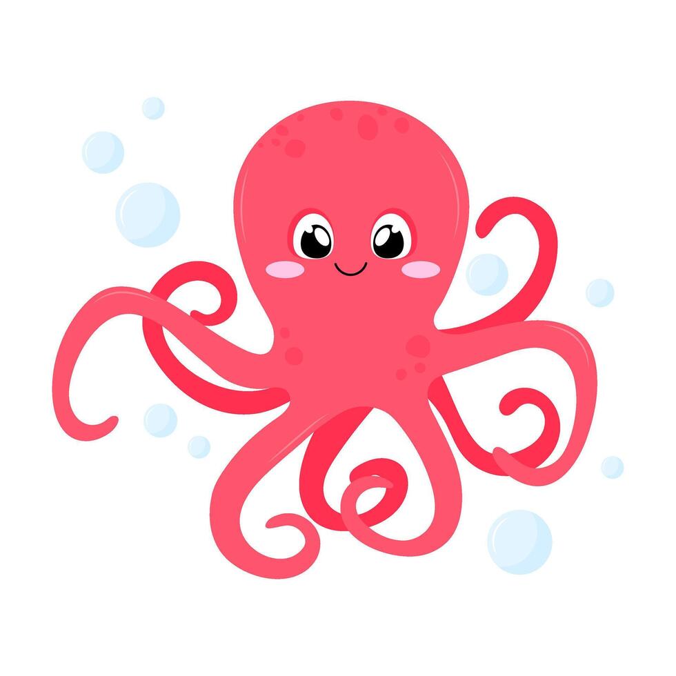 Octopus. Cute cartoon octopus in bubbles. Illustration of an octopus in a flat style on a white background. vector