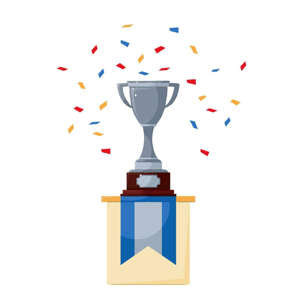 Silver cup studded with colored confetti on a white background. Prize, award to the winner of a competition or championship. vector