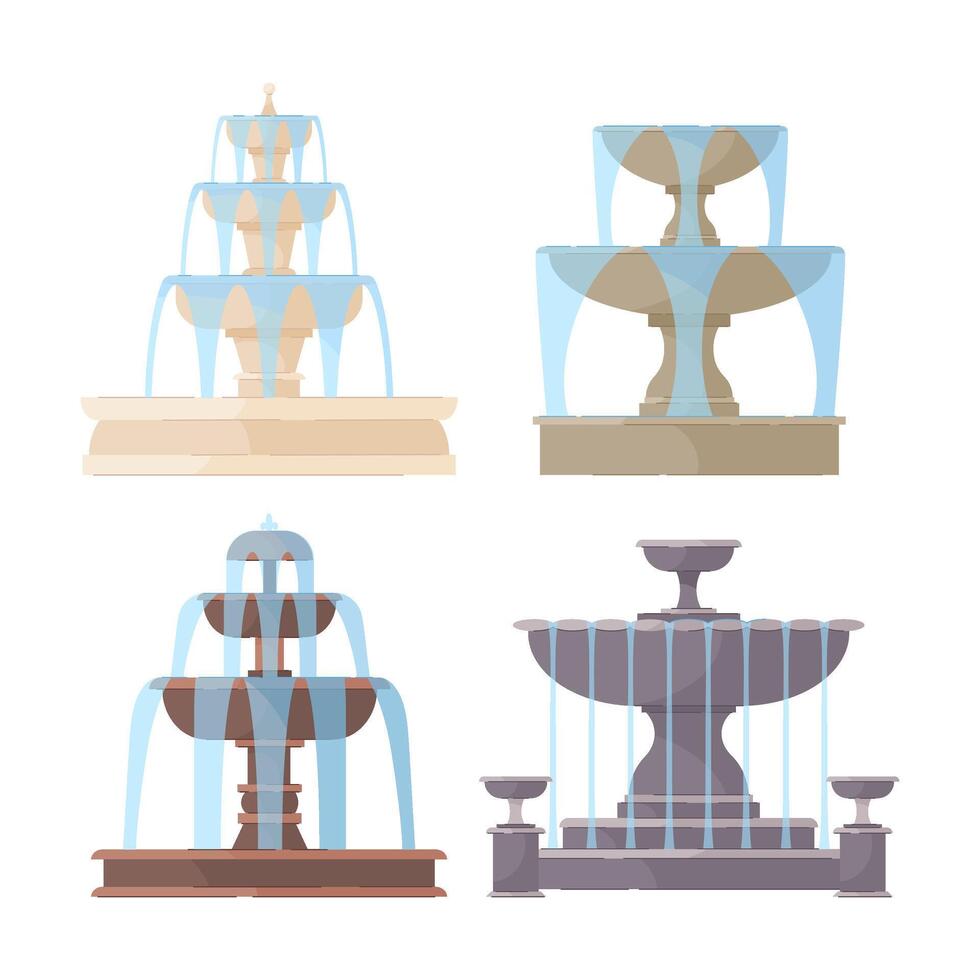 Fountains. A set of illustrations of fountains with water jets in different styles. vector