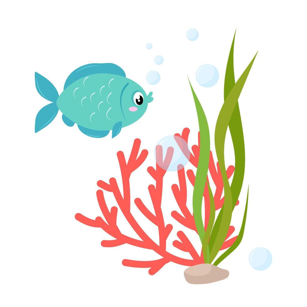 Marine fish among algae and corals on the seabed. Vector illustration of a fish in a flat style on a white background.