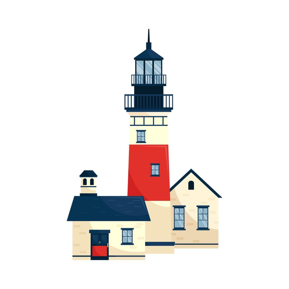 Lighthouse. Coastal lighthouse with houses. Way sign for sea ships. vector