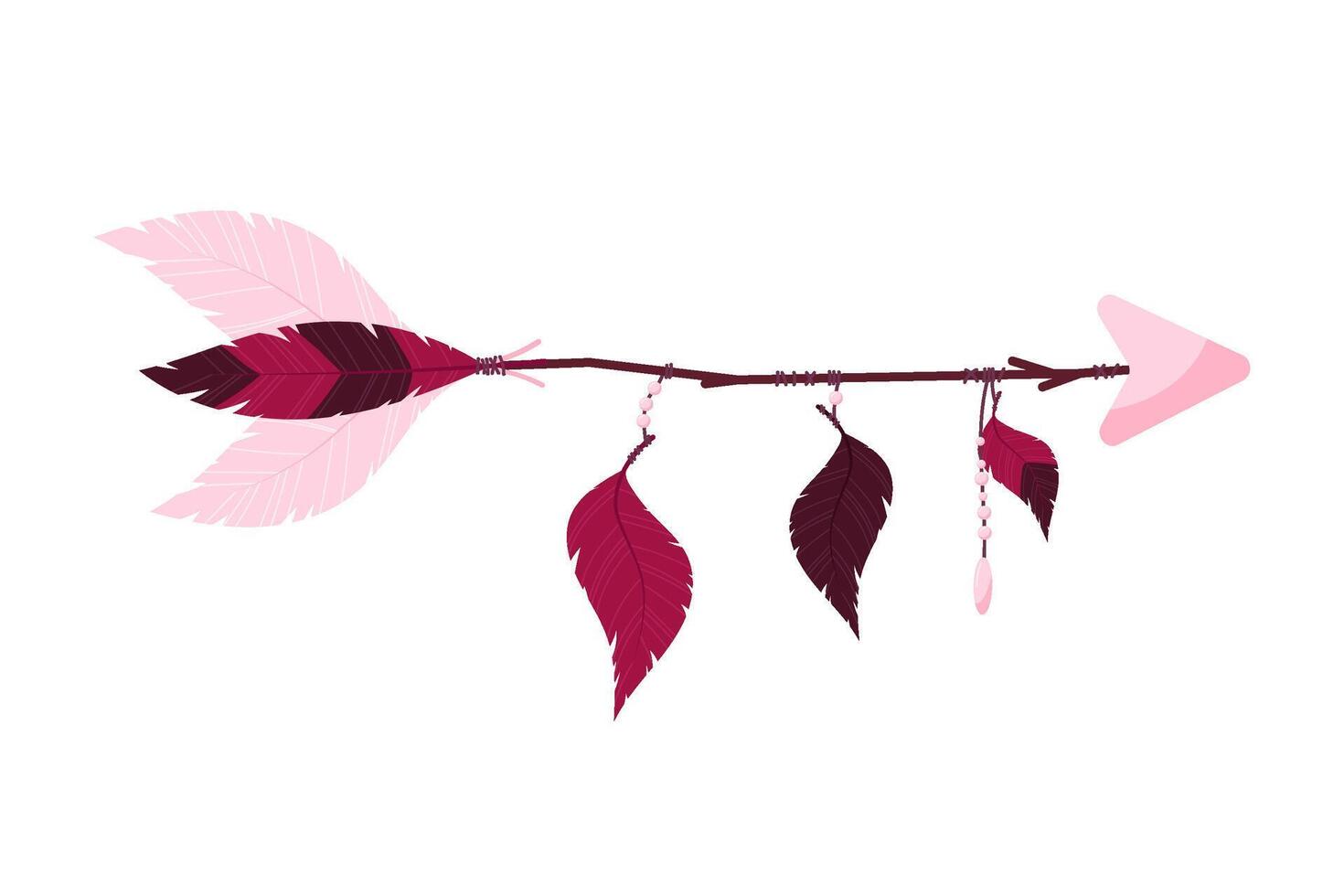 The arrow is decorated with feathers and in boho style on a white background. vector