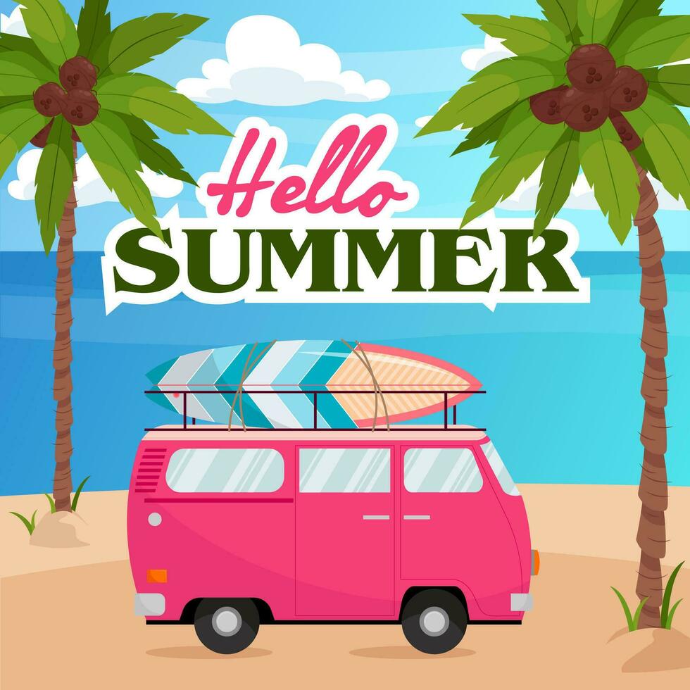 Summer background. Car with a surfboard against the backdrop of palm trees and the ocean. vector