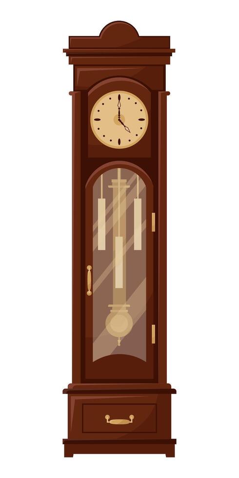 Vector illustration of an old clock with a pendulum on a white background. Antique clock isolated cartoon icon.