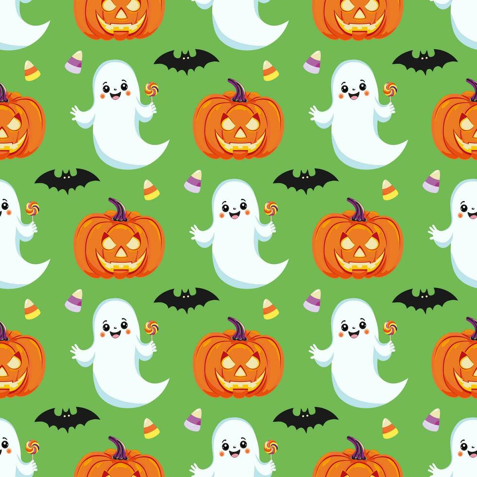 Halloween background with cute ghost, candy, jack o lantern, bat. Seamless childrens pattern. For wallpaper, gift paper, fabric, holiday decoration, greeting cards. Vector illustration.
