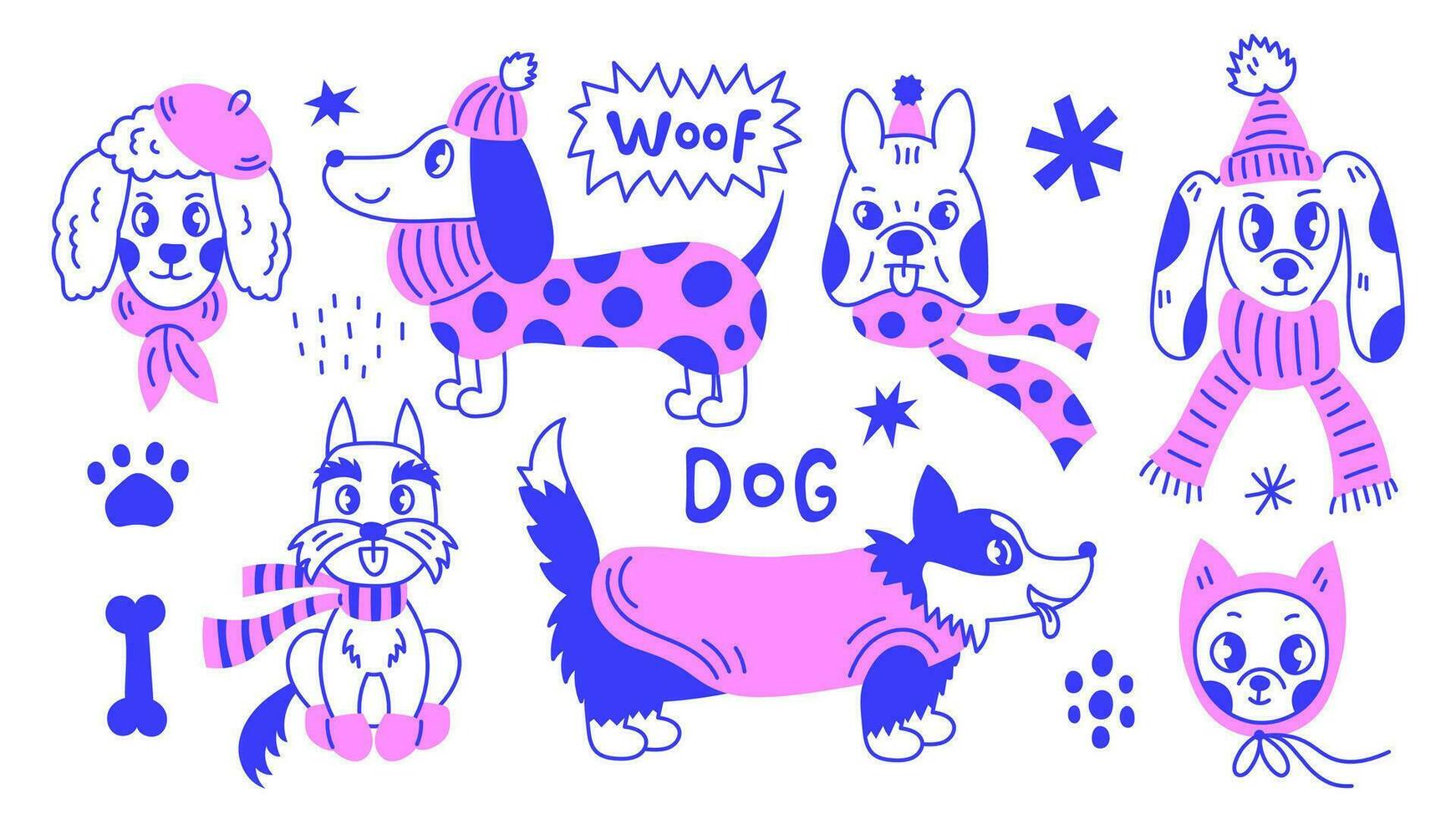 Winter dog doodle set vector