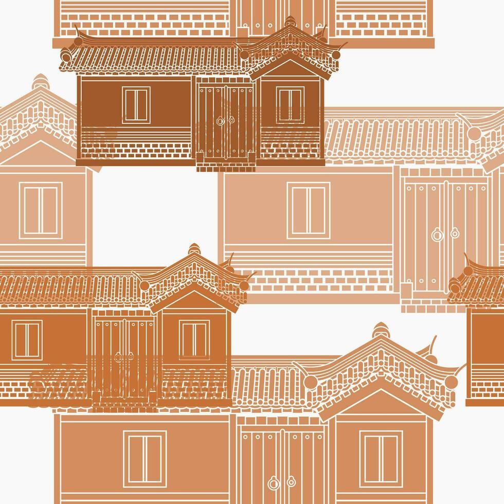 Editable Wide Traditional Hanok Korean House Building Vector Illustration as Seamless Pattern for Creating Background and Decorative Element of Oriental History and Culture Related Design