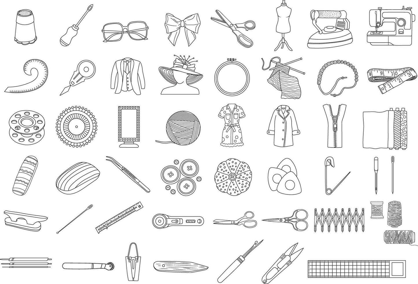mano dibujado vector colección de ilustraciones exhibiendo de coser, tejido de punto, y costura herramientas y materiales aislado en garabatear estilo